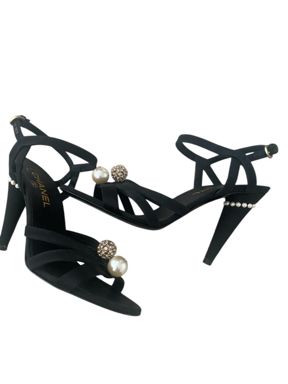 CHANEL Black Satin Strappy Heels with Pearl & Crystal Ornaments size 40 - Picture 4 of 11